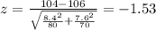 z =\frac{104-106}{\sqrt{\frac{8.4^2}{80} +\frac{7.6^2}{70}}}= -1.53