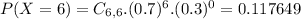 P(X = 6) = C_{6,6}.(0.7)^{6}.(0.3)^{0} = 0.117649