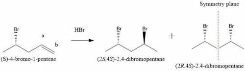 Two stereoisomers are obtained from the reaction of HBr with (S)-4-bromo-1-pentene. One of the stere