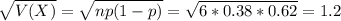 \sqrt{V(X)} = \sqrt{np(1-p)} = \sqrt{6*0.38*0.62} = 1.2