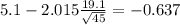 5.1 - 2.015 \frac{19.1}{\sqrt{45}}= -0.637