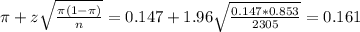 \pi + z\sqrt{\frac{\pi(1-\pi)}{n}} = 0.147 + 1.96\sqrt{\frac{0.147*0.853}{2305}} = 0.161
