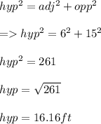 hyp^2 = adj^2 + opp^2\\\\= hyp^2 = 6^2 + 15^2\\\\hyp^2 = 261\\\\hyp = \sqrt{261}\\ \\hyp = 16.16 ft