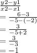 \frac{y2 - y1}{x2 - x1}  \\  =  \frac{6 - 3}{ - 5 - ( - 2)}  \\  =  \frac{3}{ - 5 + 2}  \\  =  \frac{3}{ - 3}  \\  =  - 1