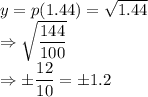 y = p(1.44)=\sqrt{1.44} \\\Rightarrow \sqrt{\dfrac{144} {100}}\\\Rightarrow \pm \dfrac{12} {10} = \pm 1.2