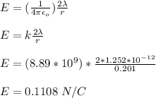 E = (\frac{1}{4 \pi \epsilon_o} )\frac{ 2 \lambda}{r} \\\\E = k \frac{ 2 \lambda}{r}\\\\E = (8.89*10^9)*\frac{2*1.252*10^{-12}}{0.201}  \\\\E = 0.1108 \ N/C