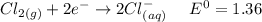 Cl_{2(g)} + 2e^- \to 2Cl^- _{(aq)} \ \ \ \  E^0} = 1.36