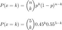 P(x=k) = \dbinom{n}{k} p^{k}(1-p)^{n-k}\\\\\\P(x=k) = \dbinom{5}{k} 0.45^{k} 0.55^{5-k}\\\\\\