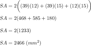 SA=2\bigg((39)(12)+(39)(15)+(12)(15)\bigg)\\\\SA=2(468+585+180)\\\\SA=2(1233)\\\\SA=2466\ (mm^2)