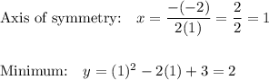 \text{Axis of symmetry:}\quad x=\dfrac{-(-2)}{2(1)}=\dfrac{2}{2}=1\\\\\\\text{Minimum:}\quad y=(1)^2-2(1)+3 = 2