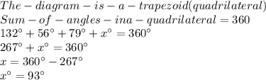 The- diagram- is- a- trapezoid (quadrilateral)\\Sum- of- angles-in a- quadrilateral = 360\\ 132\° + 56\° + 79\°  + x\°  = 360\° \\267\°  + x\° = 360\° \\x = 360 \°  - 267 \° \\x\°  = 93\°