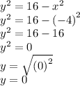 {y}^{2}  = 16 -  {x}^{2}  \\  {y}^{2}  = 16 -  {( - 4)}^{2}  \\  {y}^{2}  = 16 - 16 \\  {y}^{2}  = 0 \\ y =  \sqrt{ {(0)}^{2} }  \\ y = 0