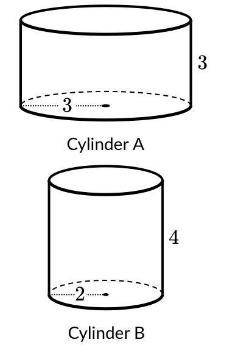 3 3Cylinder A 3 3 4 4Cylinder B 2 2 What is the ratio of the volume of Cylinder A to the volume of C