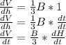 \frac{dV}{dh}=\frac{1}{3}B*1\\\frac{dV}{dh}=\frac{1}{3}B*\frac{dt}{dt}\\\frac{dV}{dt}=\frac{B}{3}*\frac{dH}{dt}
