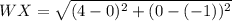 WX=\sqrt{(4-0)^2+(0-(-1))^2}