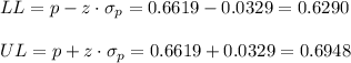 LL=p-z \cdot \sigma_p = 0.6619-0.0329=0.6290\\\\UL=p+z \cdot \sigma_p = 0.6619+0.0329=0.6948