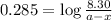 0.285=\log\frac{8.30}{a-x}