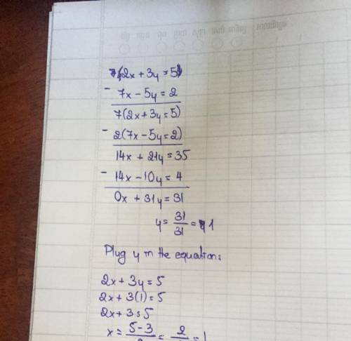 solve the following pair of linear equation 2x+3y=5 , 7x-5y=2 has a unique solution if yes find the