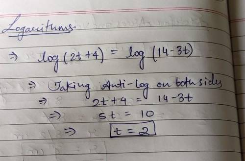 What is the solution of log (2 t + 4) = log (14 minus 3 t)? –18
