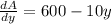 \frac{dA}{dy} =600-10y