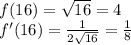 f(16)=\sqrt{16}=4\\f'(16)=\frac{1}{2\sqrt{16} }=\frac{1}{8}