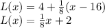 L(x)=4+\frac{1}{8}(x-16)\\L(x) = \frac{1}{8}x+2