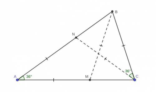 In triangle ABC, points N and M lie on sides AB and AC, respectively.Given AM = AN = BM = NC = BC, f