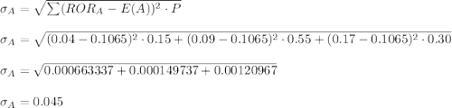 \sigma_A = \sqrt{\sum (ROR_{A} -E(A))^2 \cdot P} \\\\\sigma_A = \sqrt{(0.04 -0.1065)^2 \cdot 0.15 + (0.09 -0.1065)^2 \cdot 0.55 + (0.17 -0.1065)^2 \cdot 0.30} \\\\\sigma_A = \sqrt{0.000663337 + 0.000149737 + 0.00120967} \\\\\sigma_A = 0.045