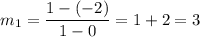 m_1=\dfrac{1-(-2)}{1-0}=1+2=3