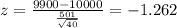 z=\frac{9900-10000}{\frac{501}{\sqrt{40}}}= -1.262