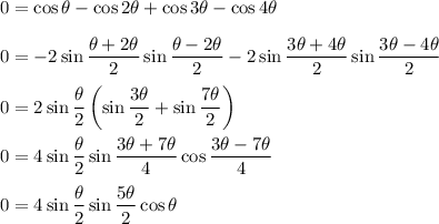 0=\cos{\theta}-\cos{2\theta}+\cos{3\theta}-\cos{4\theta}\\\\0=-2\sin{\dfrac{\theta+2\theta}{2}}\sin{\dfrac{\theta-2\theta}{2}}-2\sin{\dfrac{3\theta+4\theta}{2}}\sin{\dfrac{3\theta-4\theta}{2}}\\\\0=2\sin{\dfrac{\theta}{2}}\left(\sin{\dfrac{3\theta}{2}}+\sin{\dfrac{7\theta}{2}}\right)\\\\0=4\sin{\dfrac{\theta}{2}}\sin{\dfrac{3\theta+7\theta}{4}}\cos{\dfrac{3\theta-7\theta}{4}}\\\\0=4\sin{\dfrac{\theta}{2}}\sin{\dfrac{5\theta}{2}}\cos{\theta}