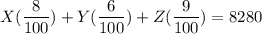 X(\dfrac{8}{100}) + Y (\dfrac{6}{100}) + Z( \dfrac{9}{100}) = 8280