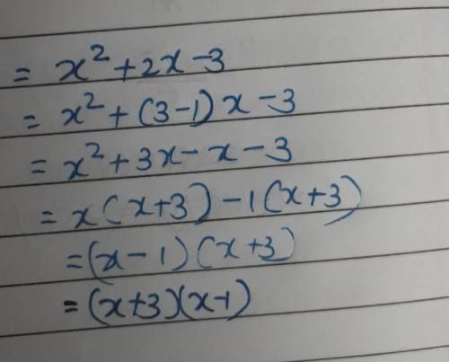 Factor this trinomial.
 

x² + 2x-3
A. (x + 3)(x + 1)
B. (x + 3)(x - 1)
C. (x-3)(x - 1)
D. (x-3)(x +