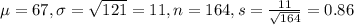 \mu = 67, \sigma = \sqrt{121} = 11, n = 164, s = \frac{11}{\sqrt{164}} = 0.86