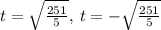 t=\sqrt{\frac{251}{5}},\:t=-\sqrt{\frac{251}{5}}