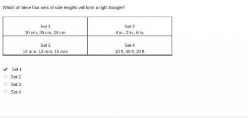 Which of these four sets of side lengths will form a right triangle?  set 1 10 cm, 26 cm, 24 cm set 