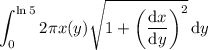\displaystyle\int_0^{\ln5}2\pi x(y)\sqrt{1+\left(\dfrac{\mathrm dx}{\mathrm dy}\right)^2}\,\mathrm dy