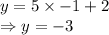 y = 5 \times -1+2\\\Rightarrow y=-3