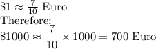 \$1 \approx \frac{7}{10}$ Euro\\Therefore:\\\$1000 \approx  \dfrac{7}{10}\times 1000 =700$ Euro