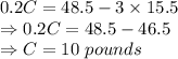 0.2C = 48.5- 3 \times 15.5\\\Rightarrow 0.2C = 48.5- 46.5\\\Rightarrow C = 10\ pounds
