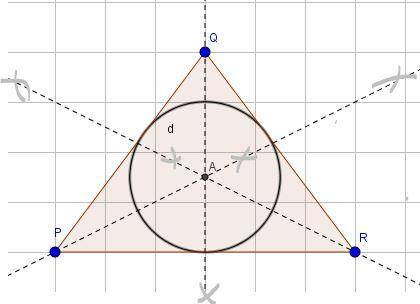 Construct an inscribed circle in triangle PQR by finding the incenter of the triangle.