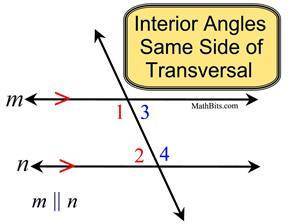 A transversal intersects two lines and forms a pair of same side interior angles that measure 36° an