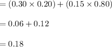 =(0.30\times 0.20)+(0.15\times 0.80)\\\\=0.06+0.12\\\\=0.18