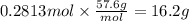 0.2813 mol \times \frac{57.6g}{mol} = 16.2 g