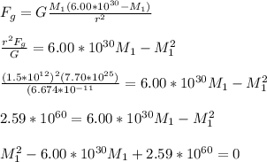 F_g=G\frac{M_1(6.00*10^{30}-M_1)}{r^2}\\\\\frac{r^2F_g}{G}=6.00*10^{30}M_1-M_1^2\\\\\frac{(1.5*10^{12})^2(7.70*10^{25})}{(6.674*10^{-11}}=6.00*10^{30}M_1-M_1^2\\\\2.59*10^{60}=6.00*10^{30}M_1-M_1^2\\\\M_1^2-6.00*10^{30}M_1+2.59*10^{60}=0