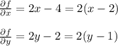 \frac{\partial f}{\partial x} = 2x-4=2(x-2)\\\\\frac{\partial f}{\partial y} = 2y-2=2(y-1)