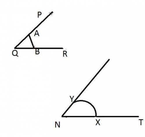 Some steps to construct an angle MNT congruent to angle PQR are listed below. Step 3 is not listed: