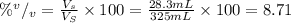 \% ^{v}/_{v} = \frac{V_{s}}{V_{S}} \times 100 = \frac{28.3 mL}{325 mL} \times 100 = 8.71
