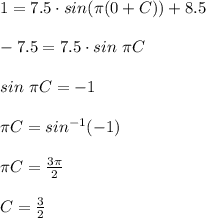 1=7.5\cdot sin(\pi (0+C))+8.5\\\\-7.5=7.5\cdot sin\ \pi C\\\\sin\ \pi C=-1\\\\\pi C=sin^{-1}(-1)\\\\\pi C=\frac{3\pi}{2}\\\\C=\frac{3}{2}
