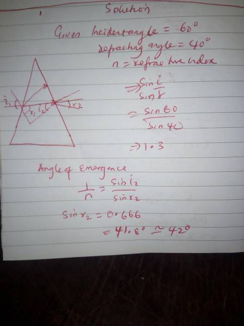 The angle of incidence of a ray of light striking an equilateral triangular prisms ABC of refracting